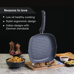 Granite Non-Stick 24cm Grill Pan | Soft-Touch Handles | Virgin Aluminium | PFOA and Heavy Metals Free | 3.5mm Thickness | 1.8 litres | 2 Year Warranty | Grey