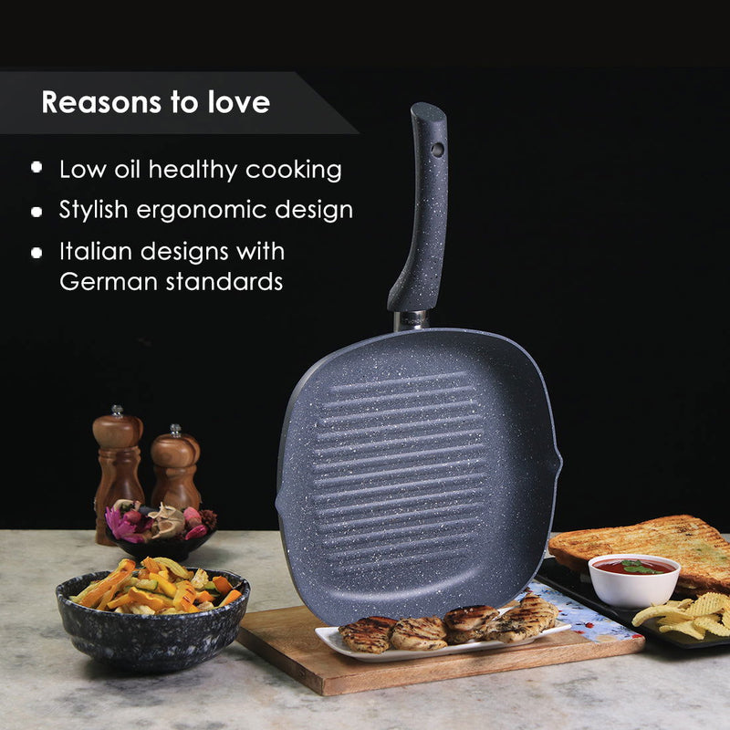 Granite Non-Stick 24cm Grill Pan | Soft-Touch Handles | Virgin Aluminium | PFOA and Heavy Metals Free | 3.5mm Thickness | 1.8 litres | 2 Year Warranty | Grey