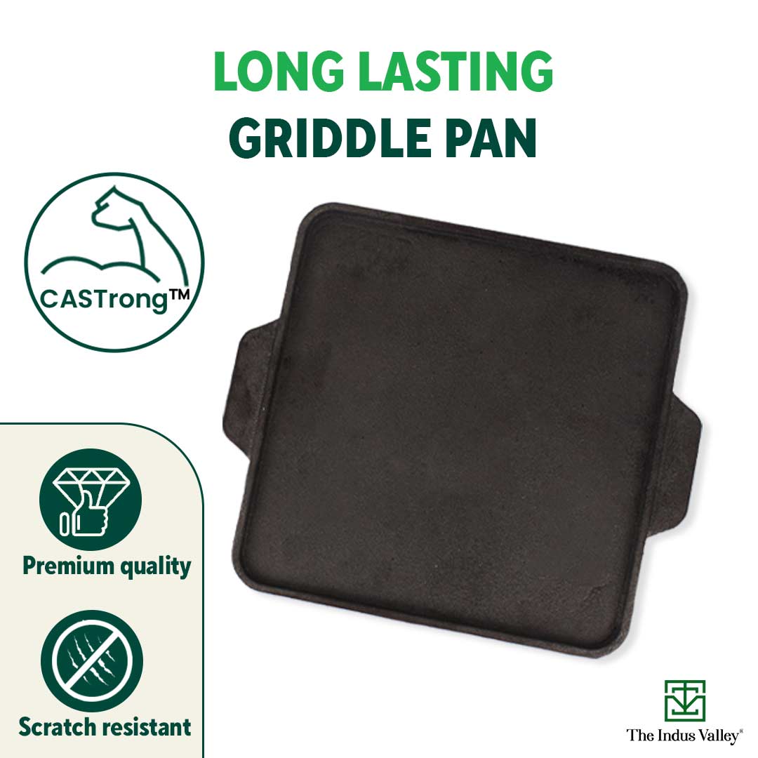 CASTrong Cast Iron 2-in-1 Griddle (Grill Pan + Tawa), Pre-seasoned, 100% Pure, Toxin-free,  Induction, Square,  27.2cm, 4.1 Kg