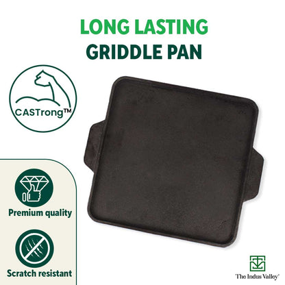 CASTrong Cast Iron 2-in-1 Griddle (Grill Pan + Tawa), Pre-seasoned, 100% Pure, Toxin-free,  Induction, Square,  27.2cm, 4.1 Kg
