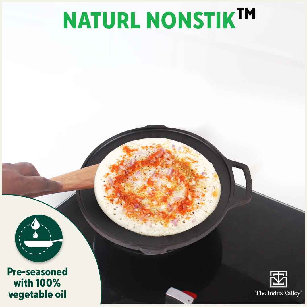 CASTrong Cast Iron 2-in-1 Griddle (Grill Pan + Tawa), Pre-seasoned, 100% Pure, Toxin-free, Induction, Round, 26cm, 2.1 Kg