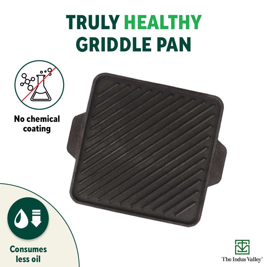 CASTrong Cast Iron 2-in-1 Griddle (Grill Pan + Tawa), Pre-seasoned, 100% Pure, Toxin-free,  Induction, Square,  27.2cm, 4.1 Kg