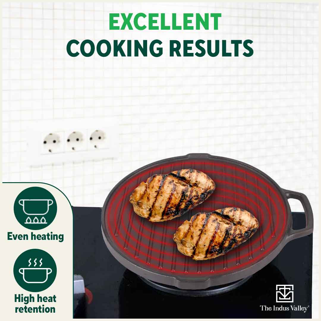 CASTrong Cast Iron 2-in-1 Griddle (Grill Pan + Tawa), Pre-seasoned, 100% Pure, Toxin-free, Induction, Round, 26cm, 2.1 Kg