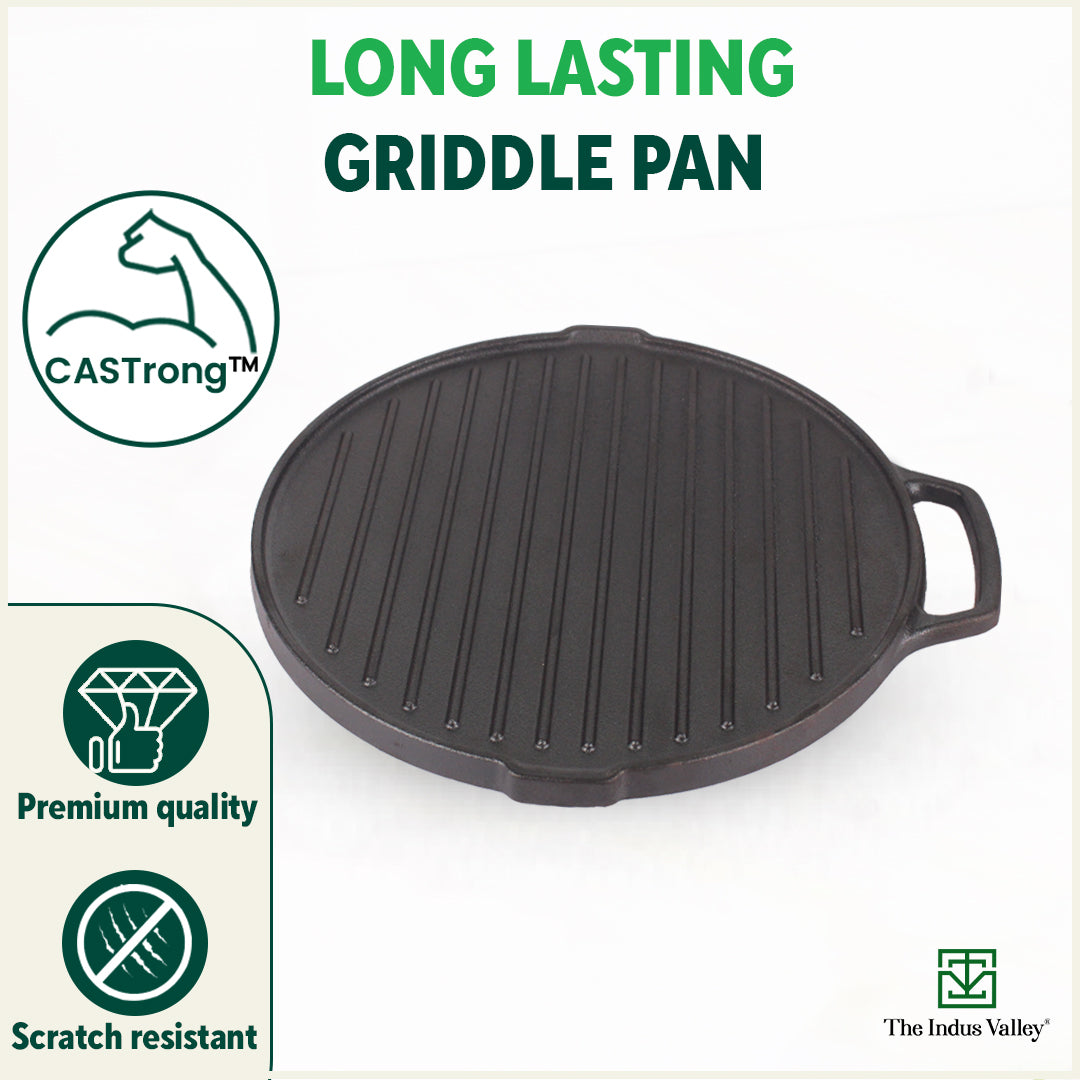 CASTrong Cast Iron 2-in-1 Griddle (Grill Pan + Tawa), Pre-seasoned, 100% Pure, Toxin-free, Induction, Round, 26cm, 2.1 Kg