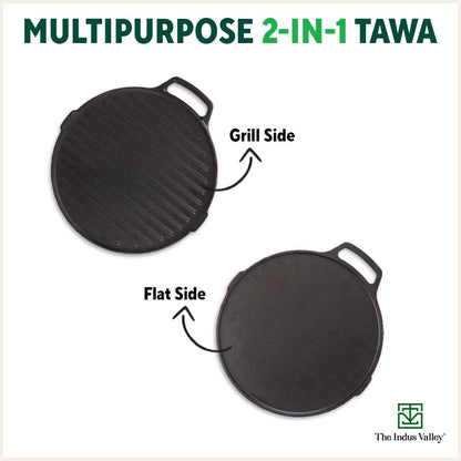 CASTrong Cast Iron 2-in-1 Griddle (Grill Pan + Tawa), Pre-seasoned, 100% Pure, Toxin-free, Induction, Round, 26cm, 2.1 Kg