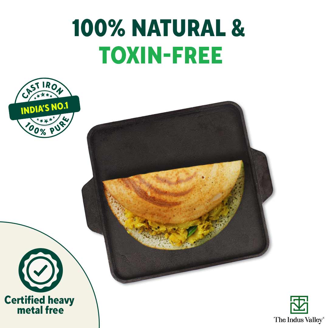 CASTrong Cast Iron 2-in-1 Griddle (Grill Pan + Tawa), Pre-seasoned, 100% Pure, Toxin-free,  Induction, Square,  27.2cm, 4.1 Kg