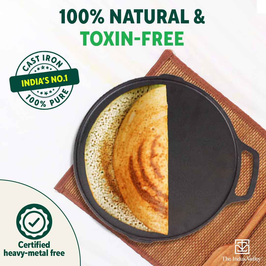 CASTrong Cast Iron 2-in-1 Griddle (Grill Pan + Tawa), Pre-seasoned, 100% Pure, Toxin-free, Induction, Round, 26cm, 2.1 Kg