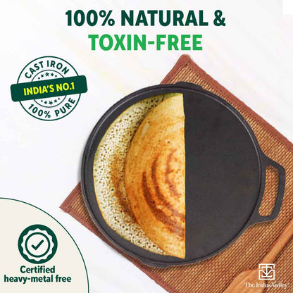 CASTrong Cast Iron 2-in-1 Griddle (Grill Pan + Tawa), Pre-seasoned, 100% Pure, Toxin-free, Induction, Round, 26cm, 2.1 Kg