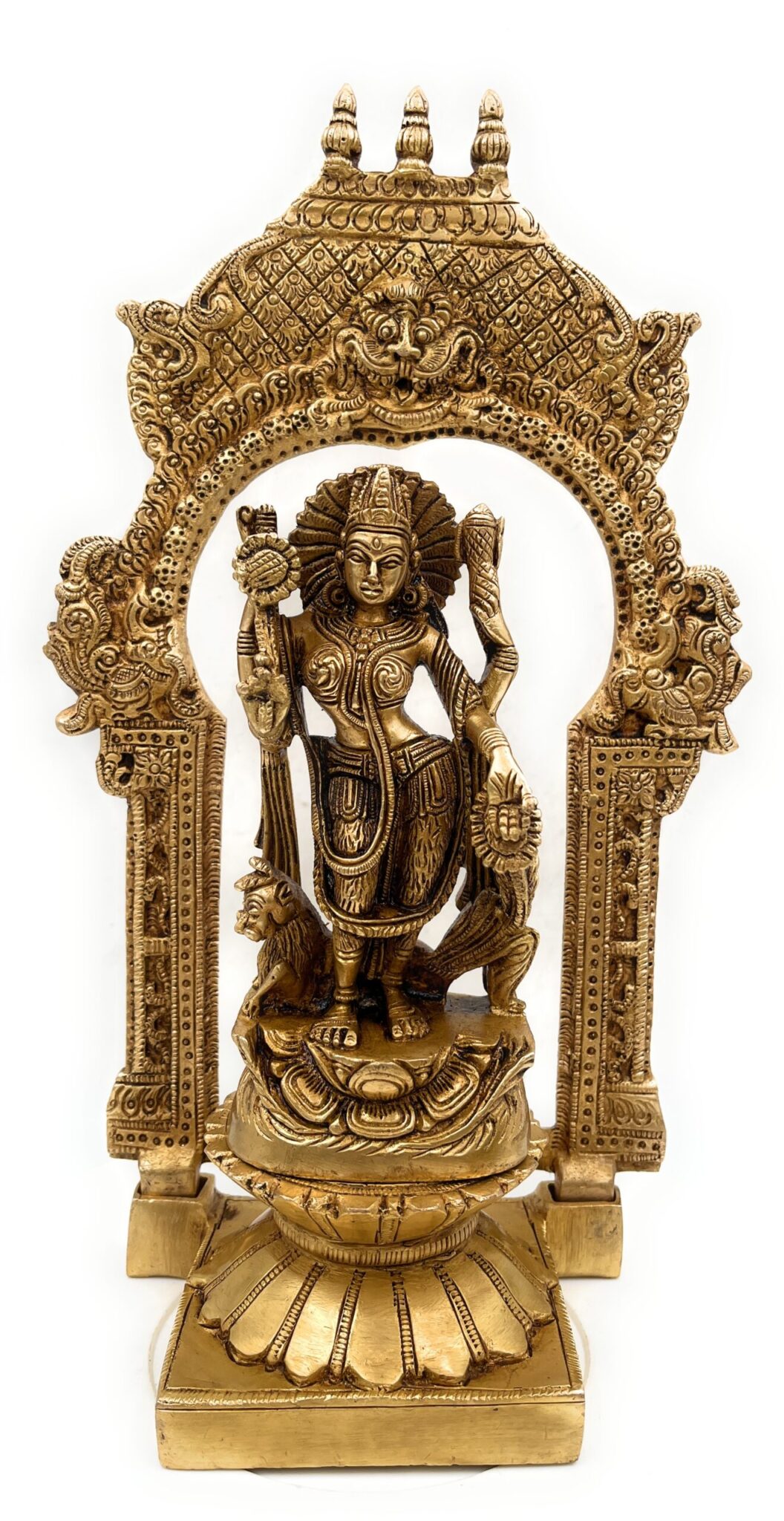 Handcrafted Brass Durga Devi Idol on Lotus Chowki with Temple Prabhavali – Mahishasuramardini | Adi Shakti | Pital Durgadevi Murti for Home Temple & Navratri Puja,Gold, 10.5 Inch, 1 Piece