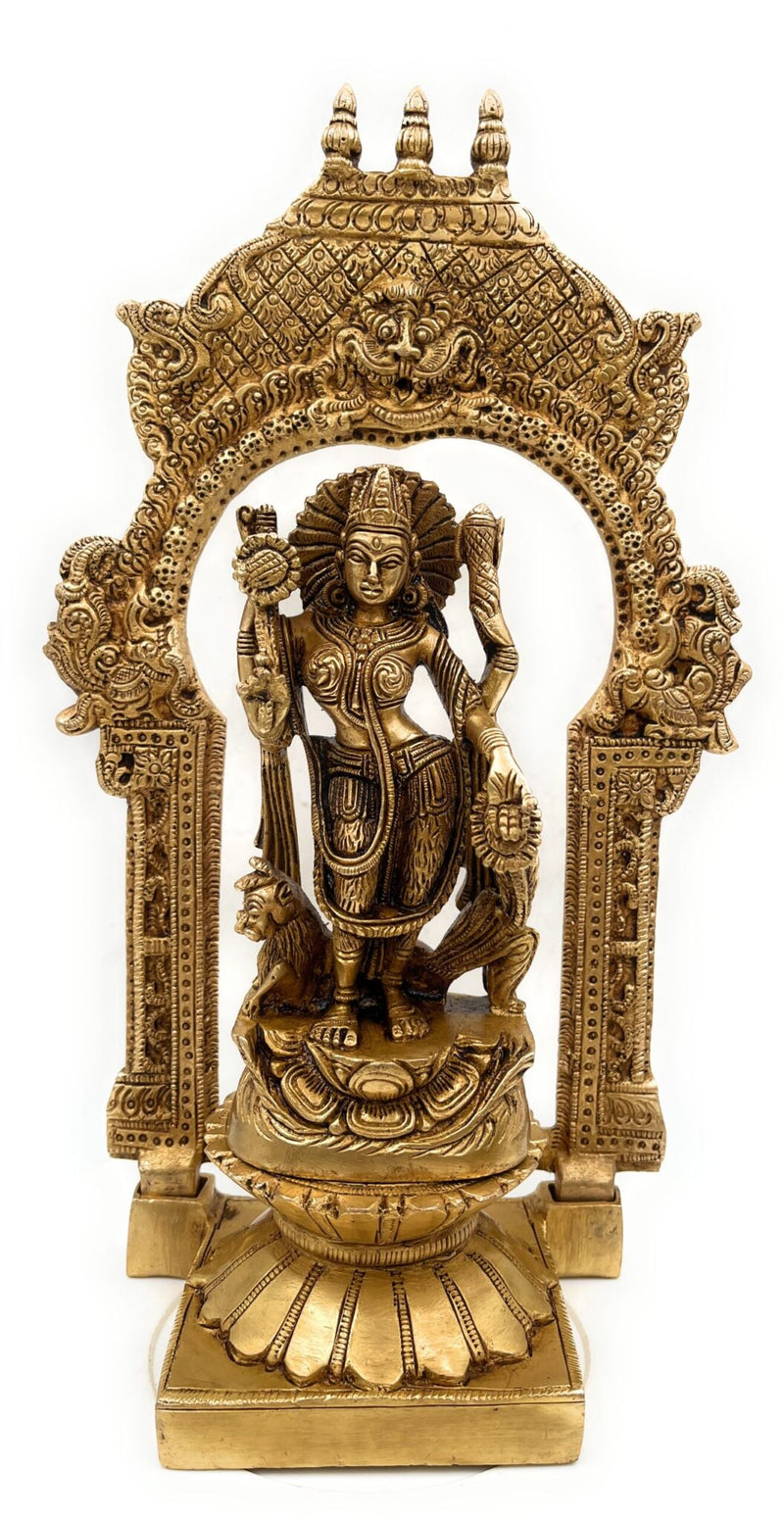 Handcrafted Brass Durga Devi Idol on Lotus Chowki with Temple Prabhavali – Mahishasuramardini | Adi Shakti | Pital Durgadevi Murti for Home Temple & Navratri Puja,Gold, 10.5 Inch, 1 Piece