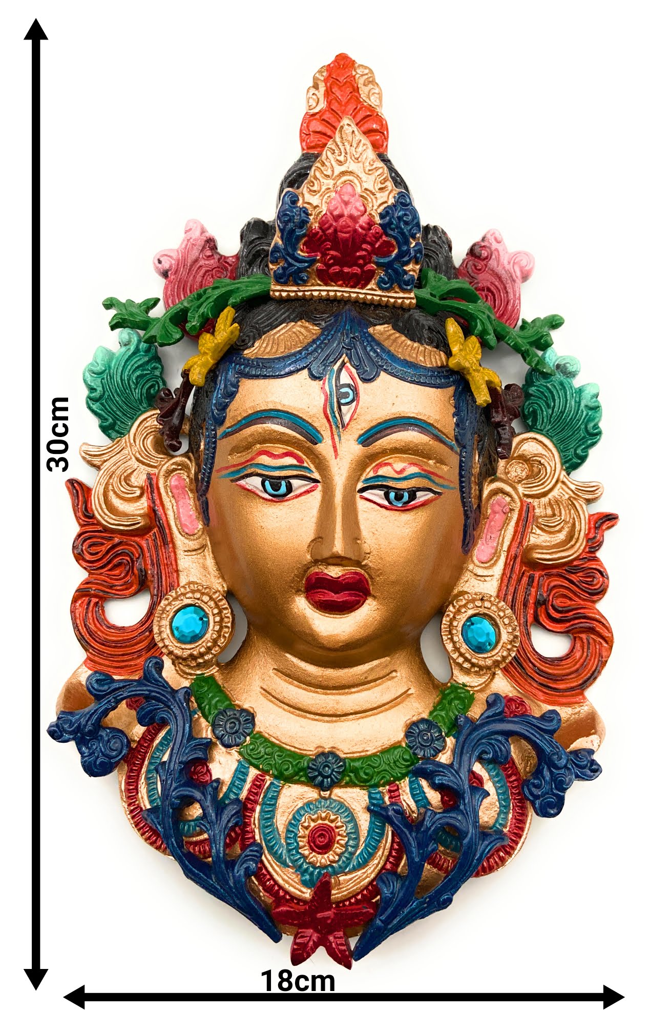 Hand Painted Brass Tara Face Idol, Tibetan Arya Tara Devi Drolma Mask, Pitala Durga Face Wall Hanging, 12 Inch, 1 Piece