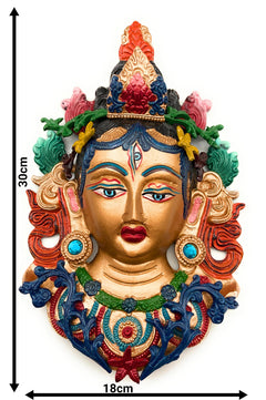 Hand Painted Brass Tara Face Idol, Tibetan Arya Tara Devi Drolma Mask, Pitala Durga Face Wall Hanging, 12 Inch, 1 Piece