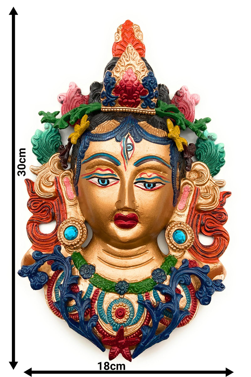 Hand Painted Brass Tara Face Idol, Tibetan Arya Tara Devi Drolma Mask, Pitala Durga Face Wall Hanging, 12 Inch, 1 Piece