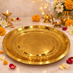 Brass Pooja Thali Large Aarti Plate Peetal Puja Plate Hand Carved Temple Prayer Thali Traditional Pooja Thambalam Pooja Thatte Decorative Mandir Ritual Brass Plate Festival Aarti Thali 39 cm, Gold, 15.35 Inch, 1 Piece