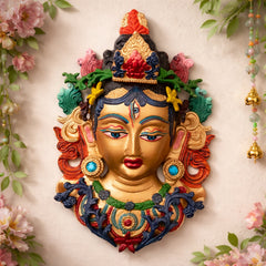 Hand Painted Brass Tara Face Idol, Tibetan Arya Tara Devi Drolma Mask, Pitala Durga Face Wall Hanging, 12 Inch, 1 Piece
