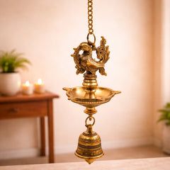 Brass Hanging Lamp with Bell, Peetal Ghanti Hanging Diya, Temple Hanging Deepam Vilakku, Traditional Mandir Pooja Lamp, Kerala Nilavilakku Kuthu Vilakku Style Hanging Brass Lamp for Home Decor & Gifts, Gold, 23 Inch, 1 Piece