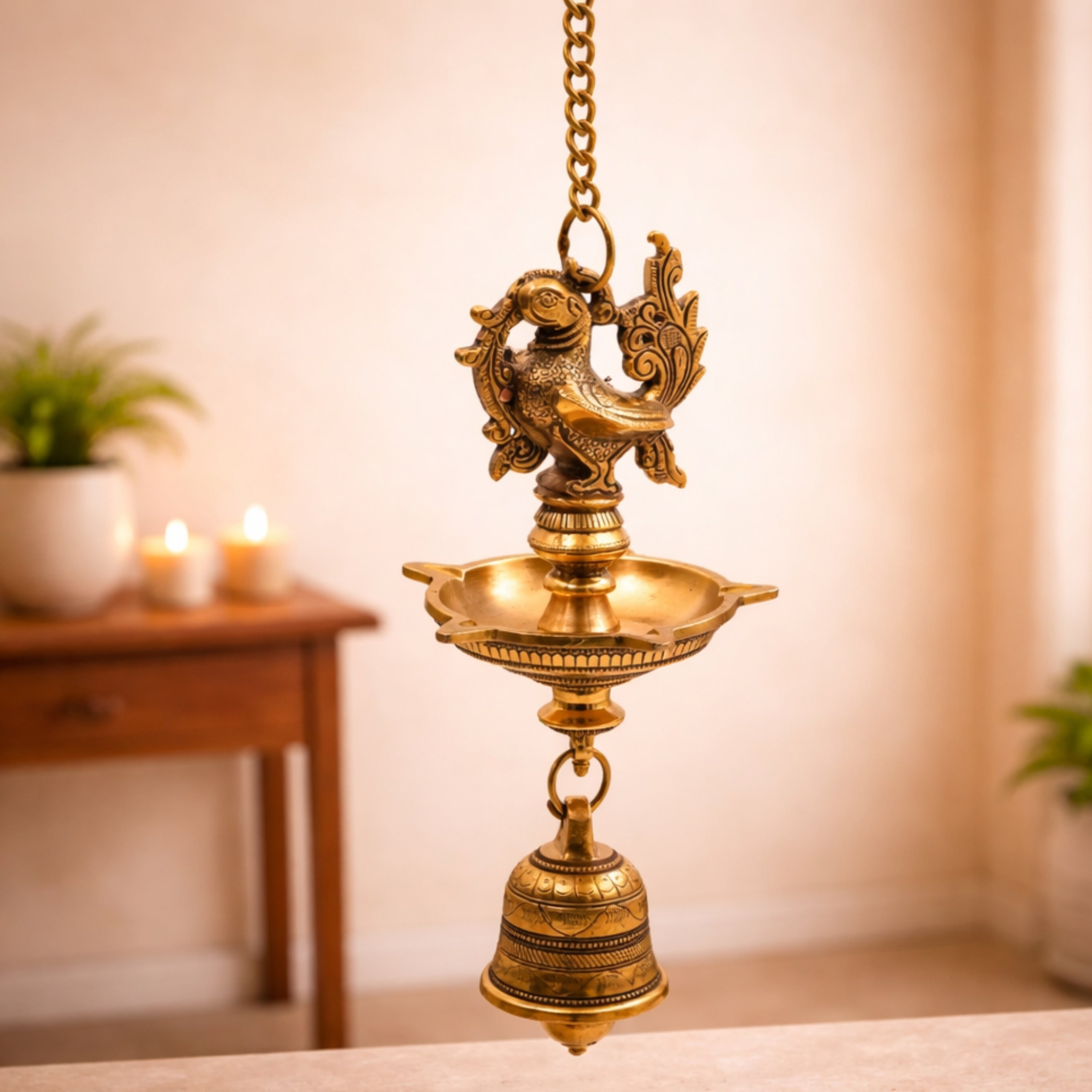 Brass Hanging Lamp with Bell, Peetal Ghanti Hanging Diya, Temple Hanging Deepam Vilakku, Traditional Mandir Pooja Lamp, Kerala Nilavilakku Kuthu Vilakku Style Hanging Brass Lamp for Home Decor & Gifts, Gold, 23 Inch, 1 Piece