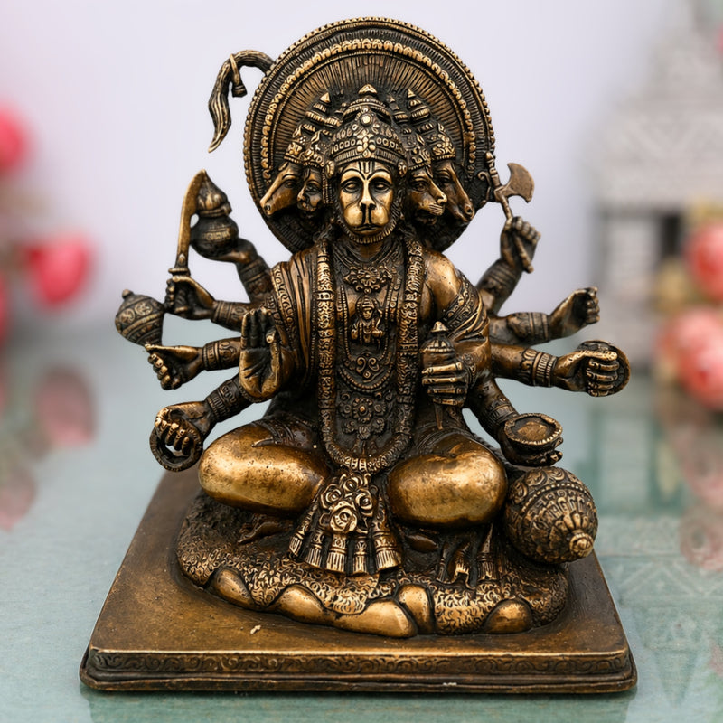 Panchamukhi Hanuman Brass Idol | Panchamukha Anjaneya Swamy Murti | Pital Bajrangbali Statue for Pooja, Home Temple & Vastu Decor – 4.5 KG,Gold, 9 Inch, 1 Piece