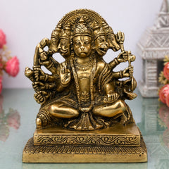 Panchamukhi Hanuman Brass Idol | Bajrangbali | Anjaneya | Maruti | Vayuputra | Mahavira | Handmade Hindu God Statue for Pooja & Home Decor,Gold, 7 Inch, 1 Piece