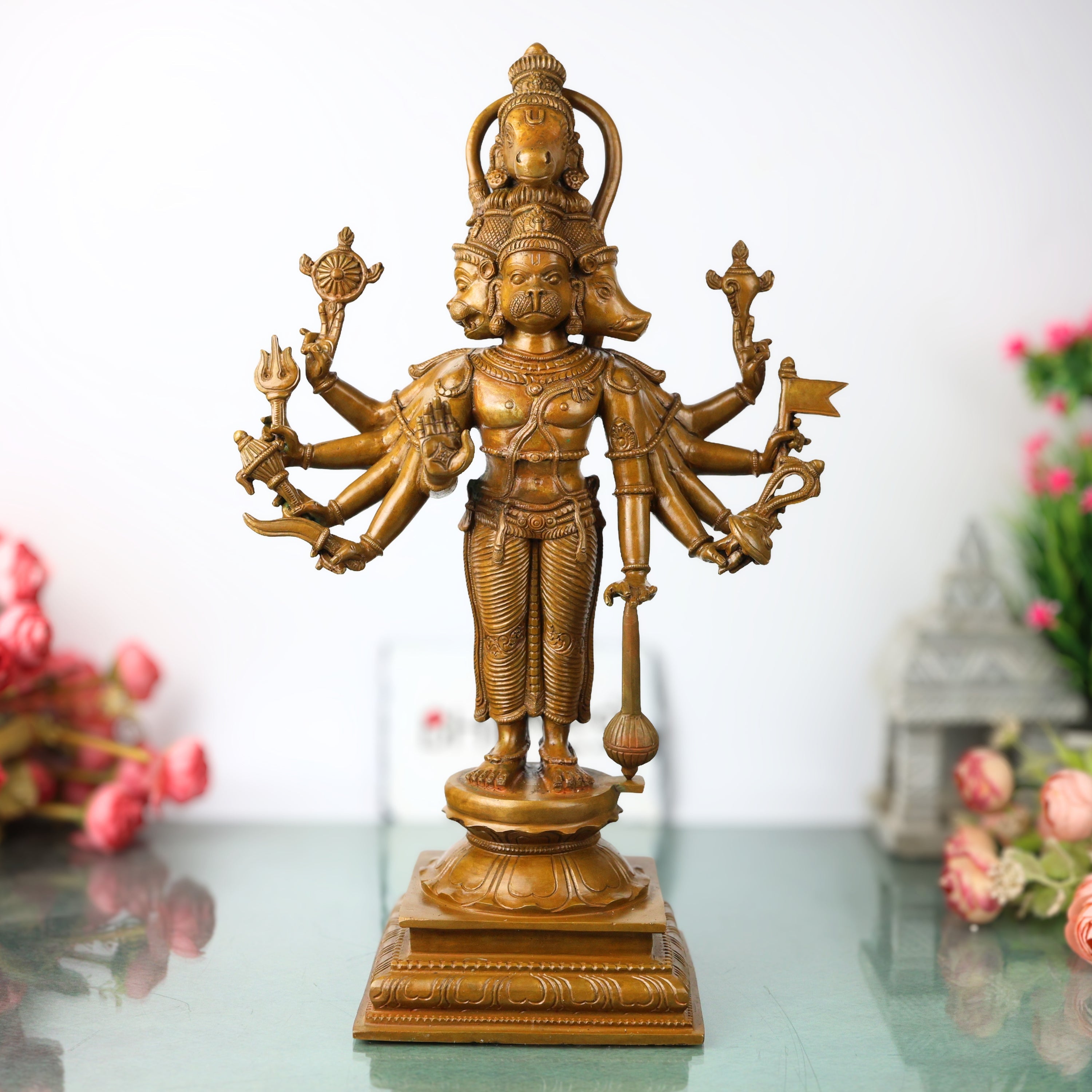 Bronze Panchamukhi Hanuman Idol Five Faced Anjaneya Statue for Puja Decor, Brown, 15 Inch, 1 Piece