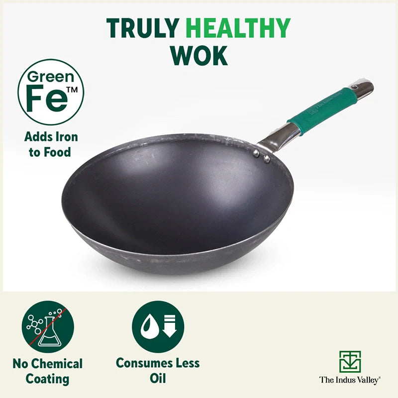 100% Pure Iron Wok with Steel Cool Touch Handle & Silicone Grip, Toxin-free Sheet Iron, Pre-seasoned, 2/3.5 L, 24.6/30.8 Cm, 1/1.4 Kg