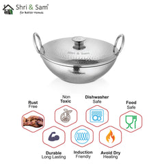 Stainless Steel Heavy Weight Hammered Kadhai with SS Lid