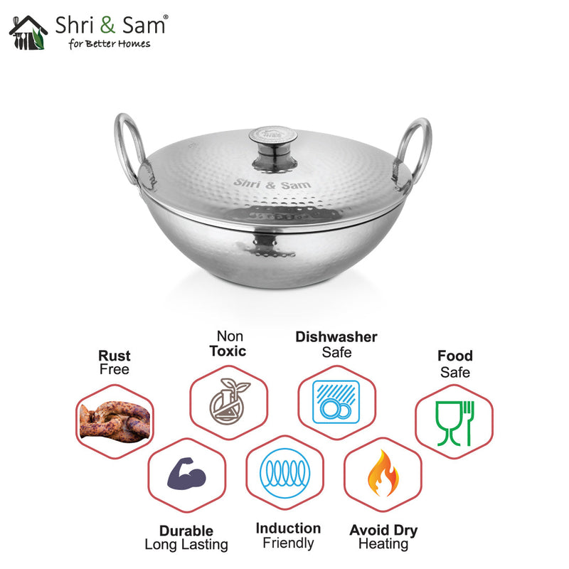 Stainless Steel Heavy Weight Hammered Kadhai with SS Lid
