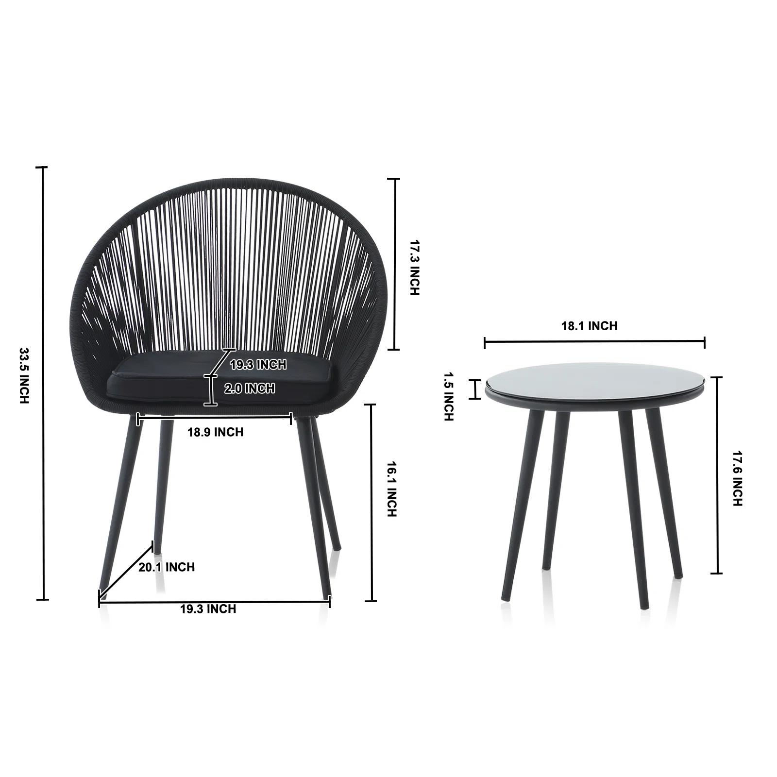 Sam Outdoor Patio Seating Set 2 Chairs and 1 Table Set (Black) Braided & Rope