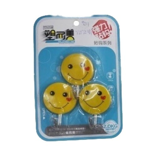 Looy Plastic and Stainless Steel Adhesive Smiley Yellow Wall Hooks Tiles Hanger Key Holder (03 Hooks)
