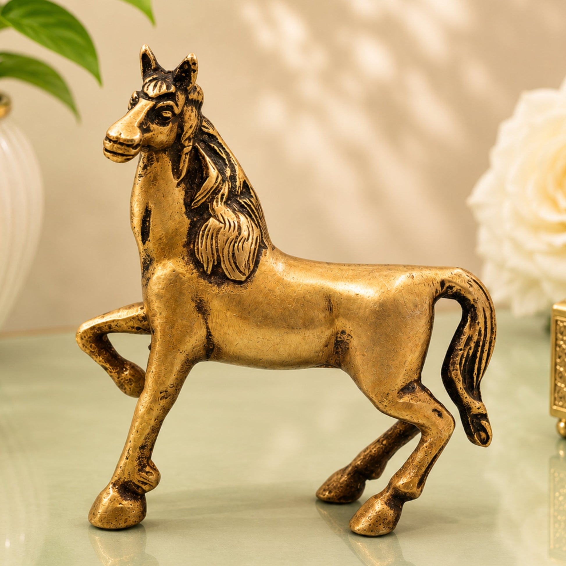 Brass Horse Sculpture for Vastu, Prosperity &amp; Premium Home Decor, Gold, 4 Inch, 1 Piece