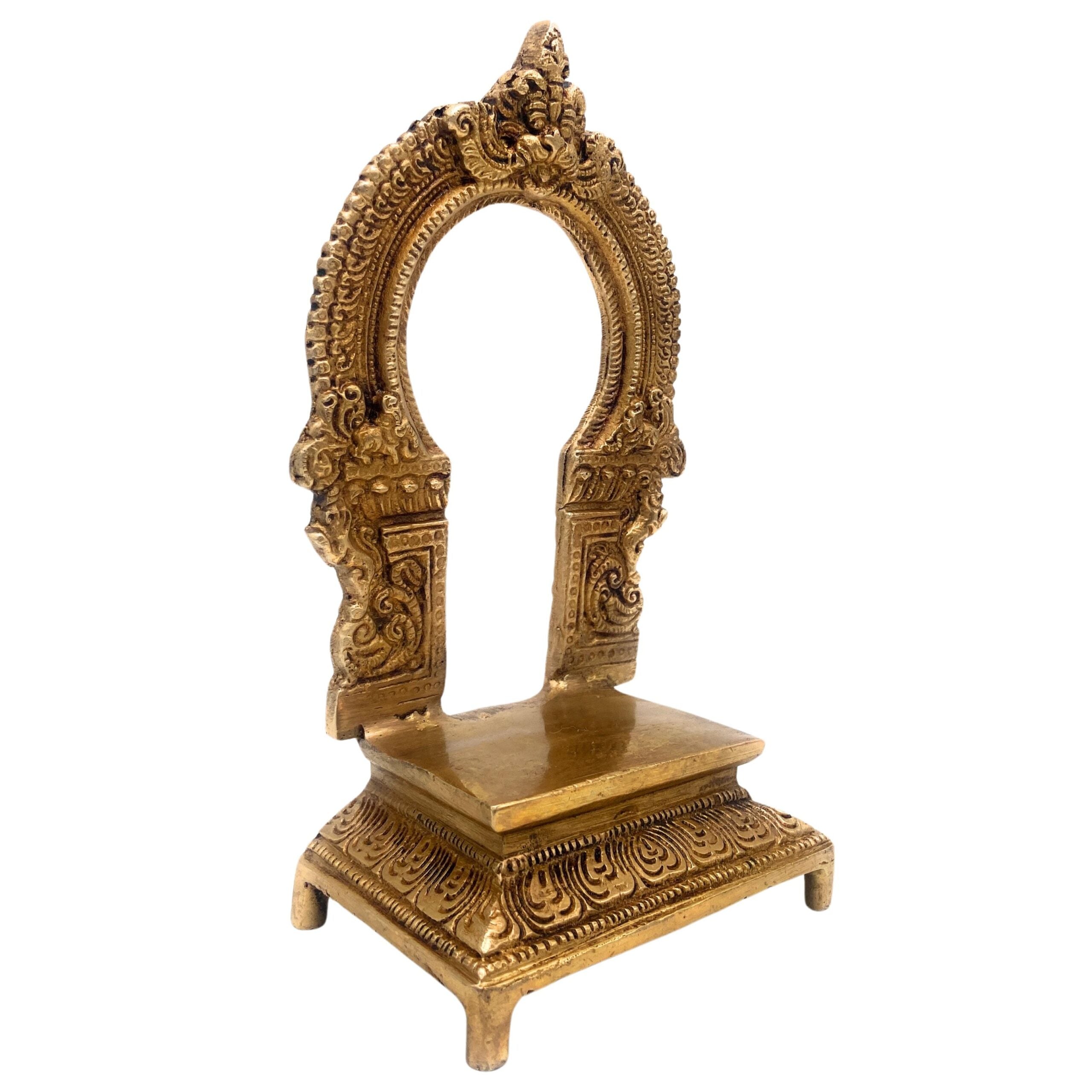 Brass Pooja Chowki with Prabhavali, Handcrafted Singhasan Peeta Bajot for Deities, Mandir, and Home Temple Decor, Gold, 7 Inch, 1 Piece