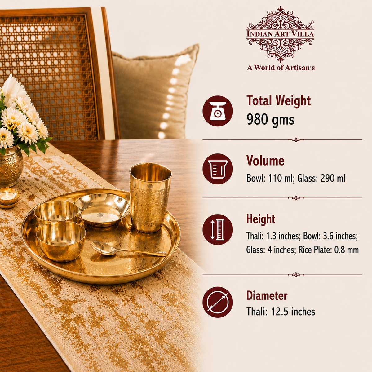 Brass Embossed Design Thali Set - Gold Dining & Gifting Set