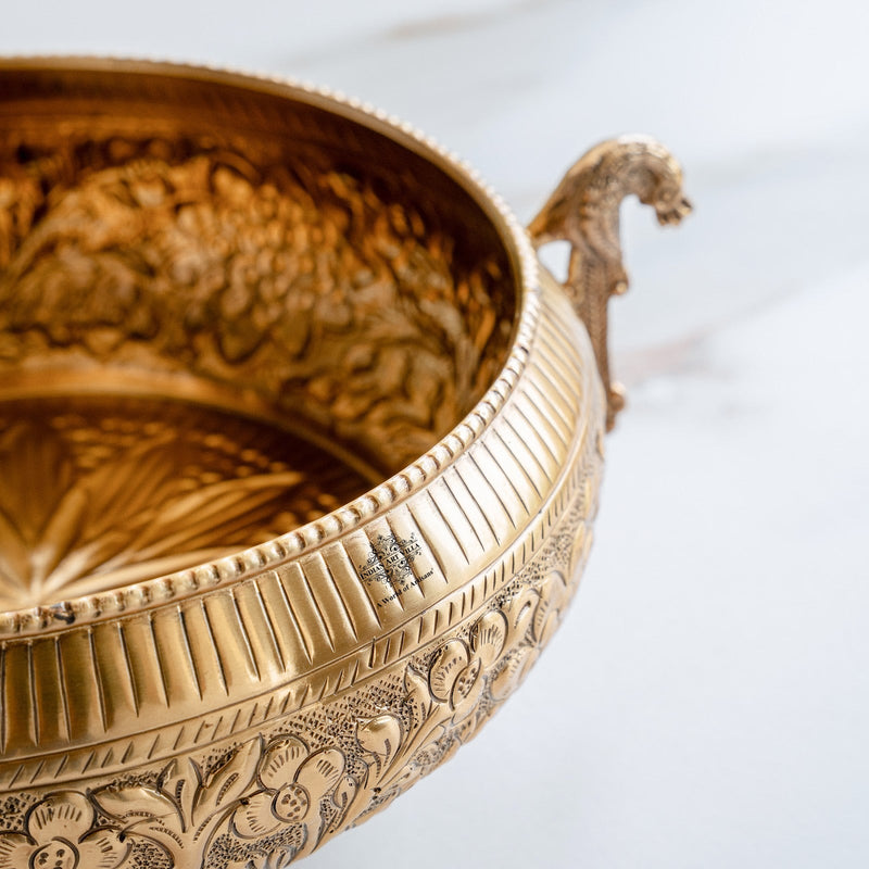 Pure Brass Embossed Urli With Peacock Handles & Lotus Design - 1850ML