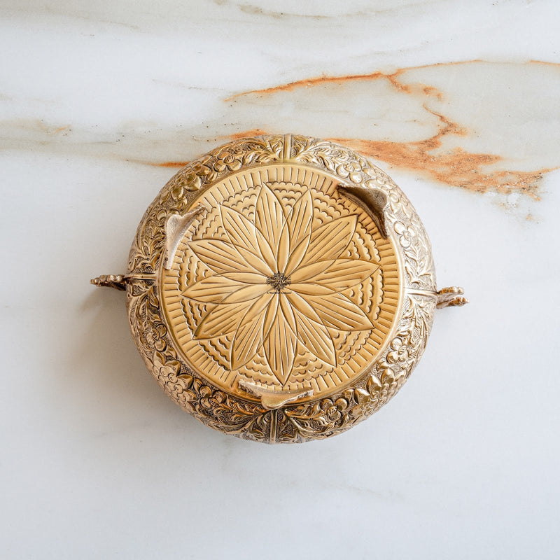 Pure Brass Embossed Urli With Peacock Handles & Lotus Design - 1850ML