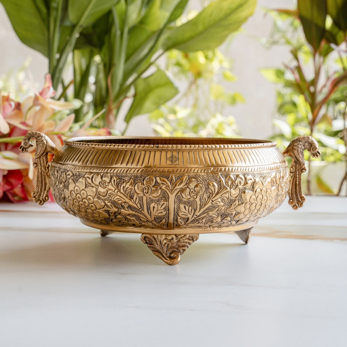 Pure Brass Embossed Urli With Peacock Handles & Lotus Design - 1850ML