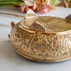 Pure Brass Embossed Urli With Peacock Handles & Lotus Design - 1850ML