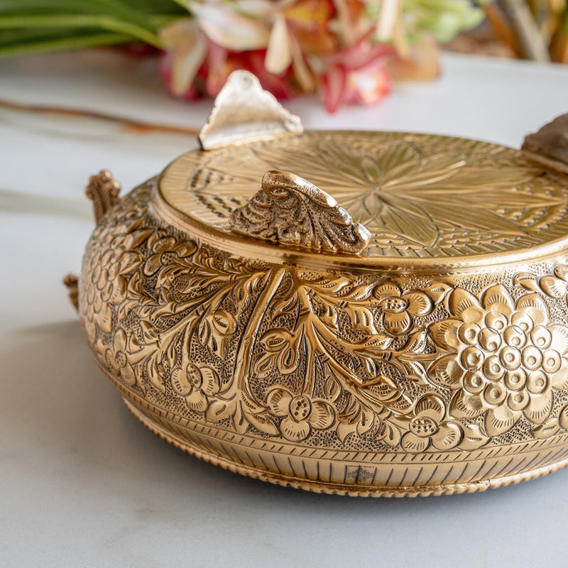 Pure Brass Embossed Urli With Peacock Handles & Lotus Design - 1850ML