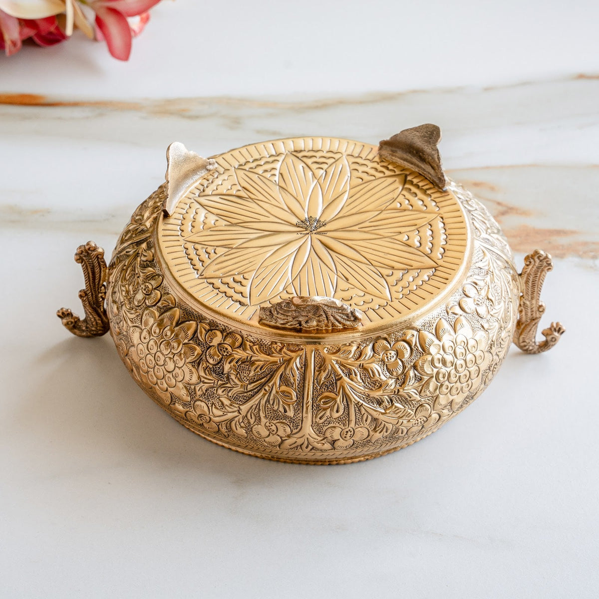Pure Brass Embossed Urli With Peacock Handles & Lotus Design - 1850ML