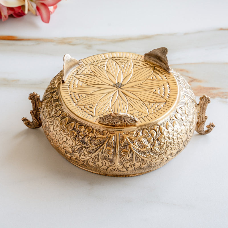 Pure Brass Embossed Urli With Peacock Handles & Lotus Design - 1850ML
