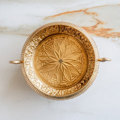 Pure Brass Embossed Urli With Peacock Handles & Lotus Design - 1850ML