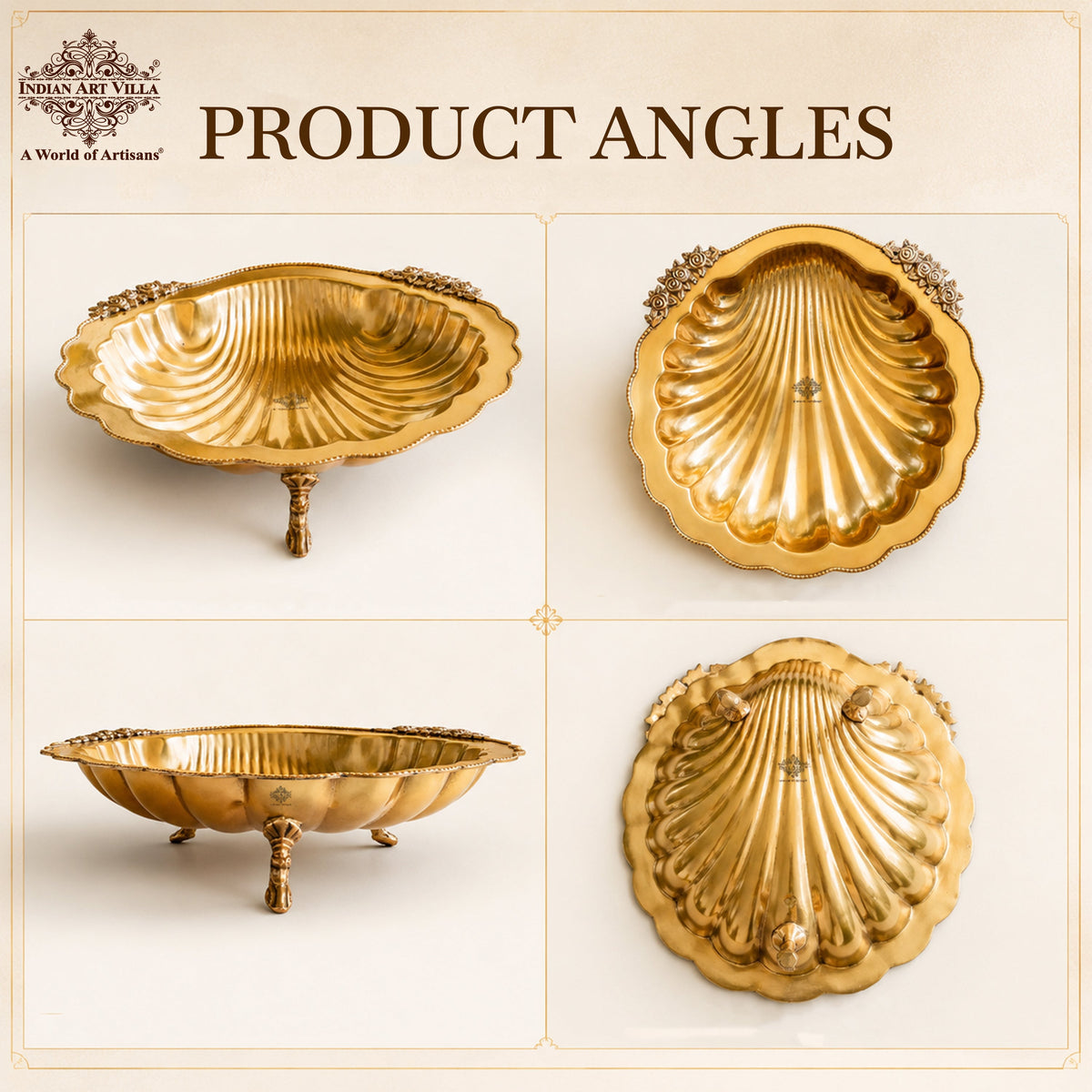 Pure Brass Decorative Platter with Scalloped Edge & Ornate Design - 33.78 cm