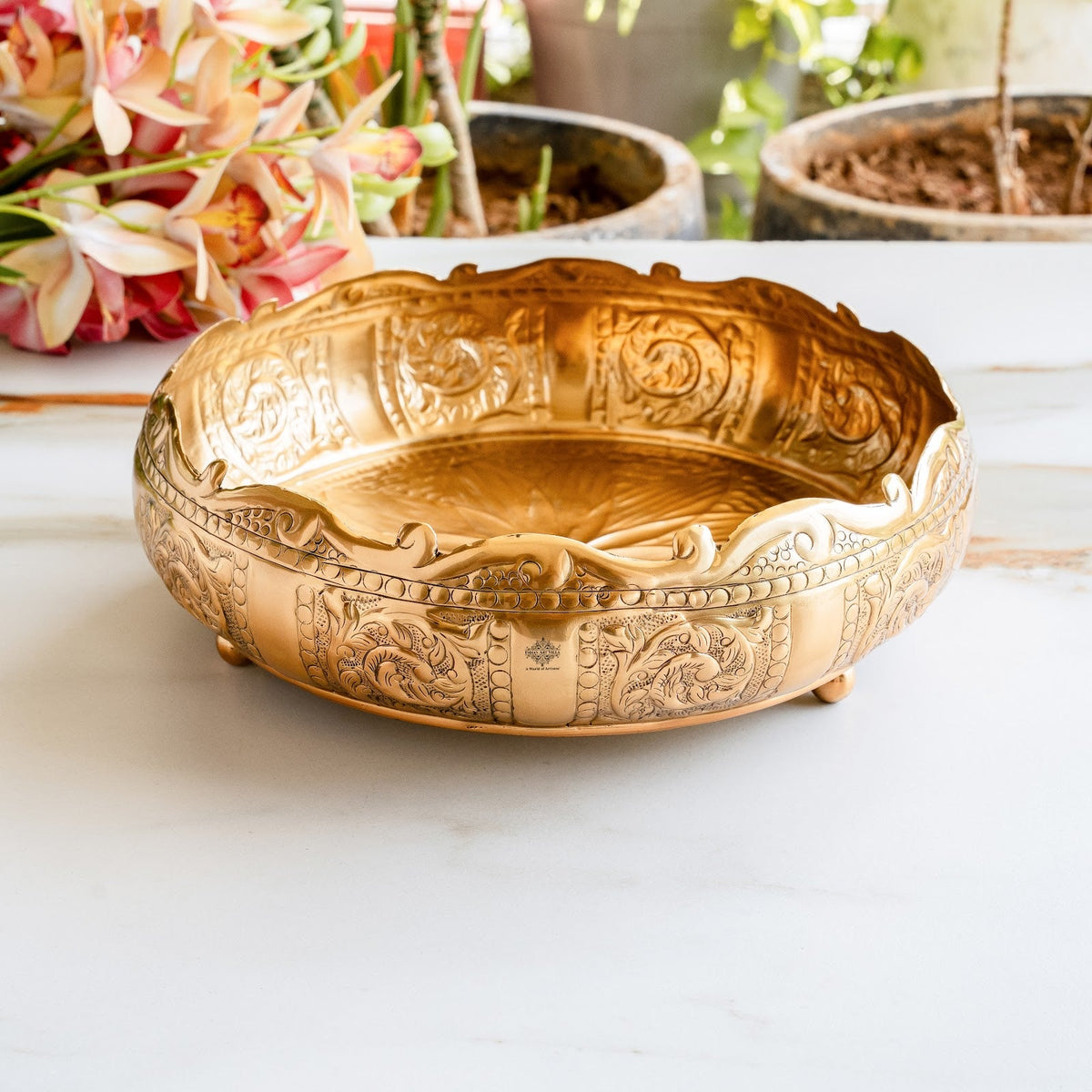 Pure Brass Embossed Scalloped Urli with Lotus Design