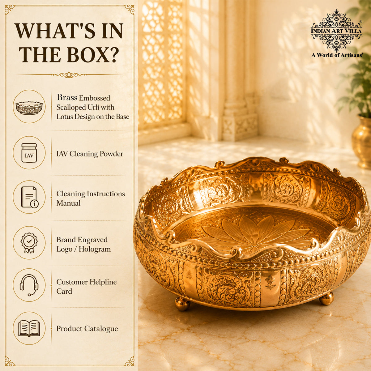 Pure Brass Embossed Scalloped Urli with Lotus Design