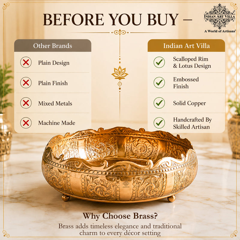 Pure Brass Embossed Scalloped Urli with Lotus Design