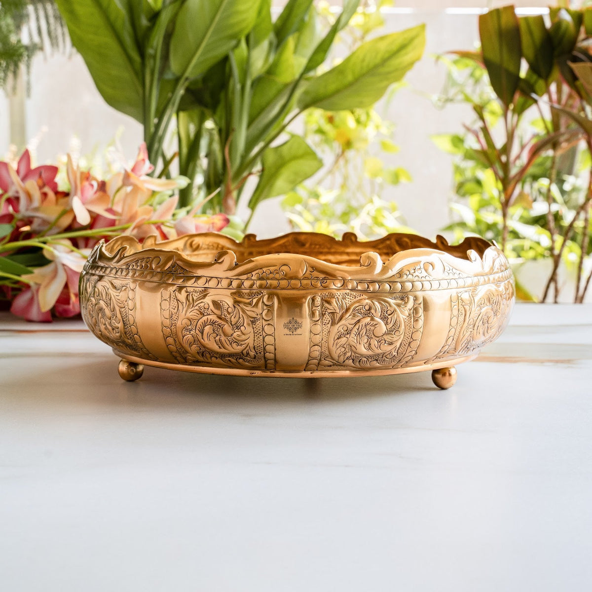 Pure Brass Embossed Scalloped Urli with Lotus Design