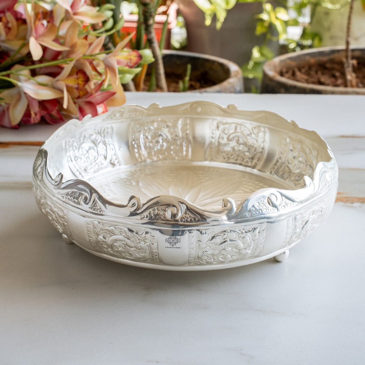 Silver Plated Embossed Scalloped Urli with Lotus Design For Home décor