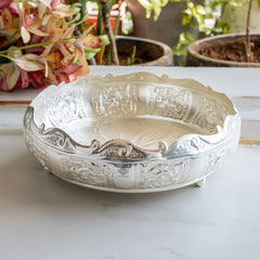 Silver Plated Embossed Scalloped Urli with Lotus Design For Home décor