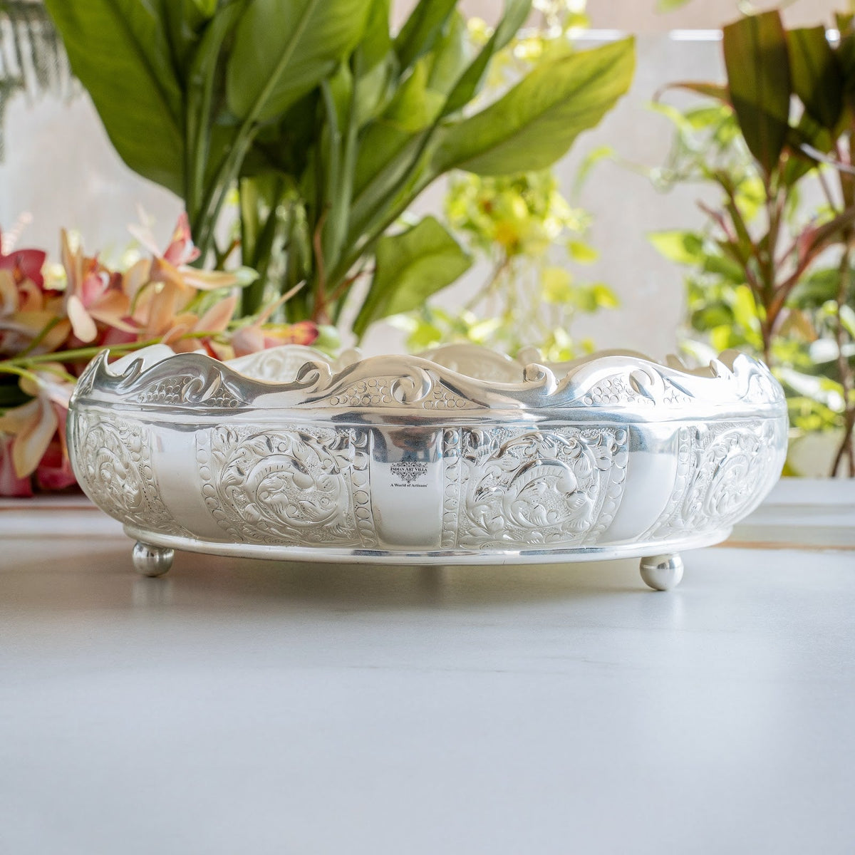 Silver Plated Embossed Scalloped Urli with Lotus Design For Home décor