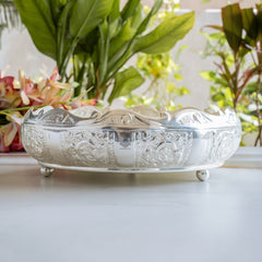 Silver Plated Embossed Scalloped Urli with Lotus Design For Home décor