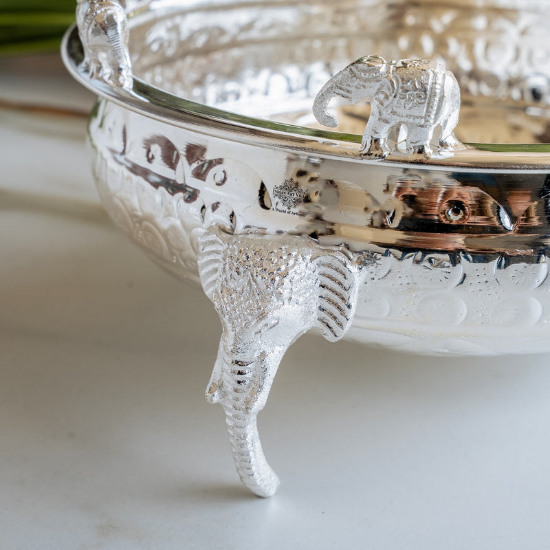 Handmade Brass Silver Plated Urli with Elephant Figurines